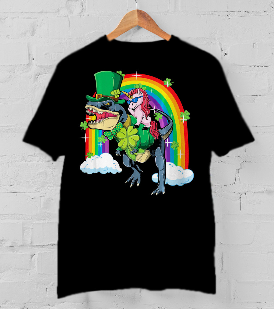 Unicorn Riding Dinosaur Leprechaun Rainbow Shamrocks T-Shirt