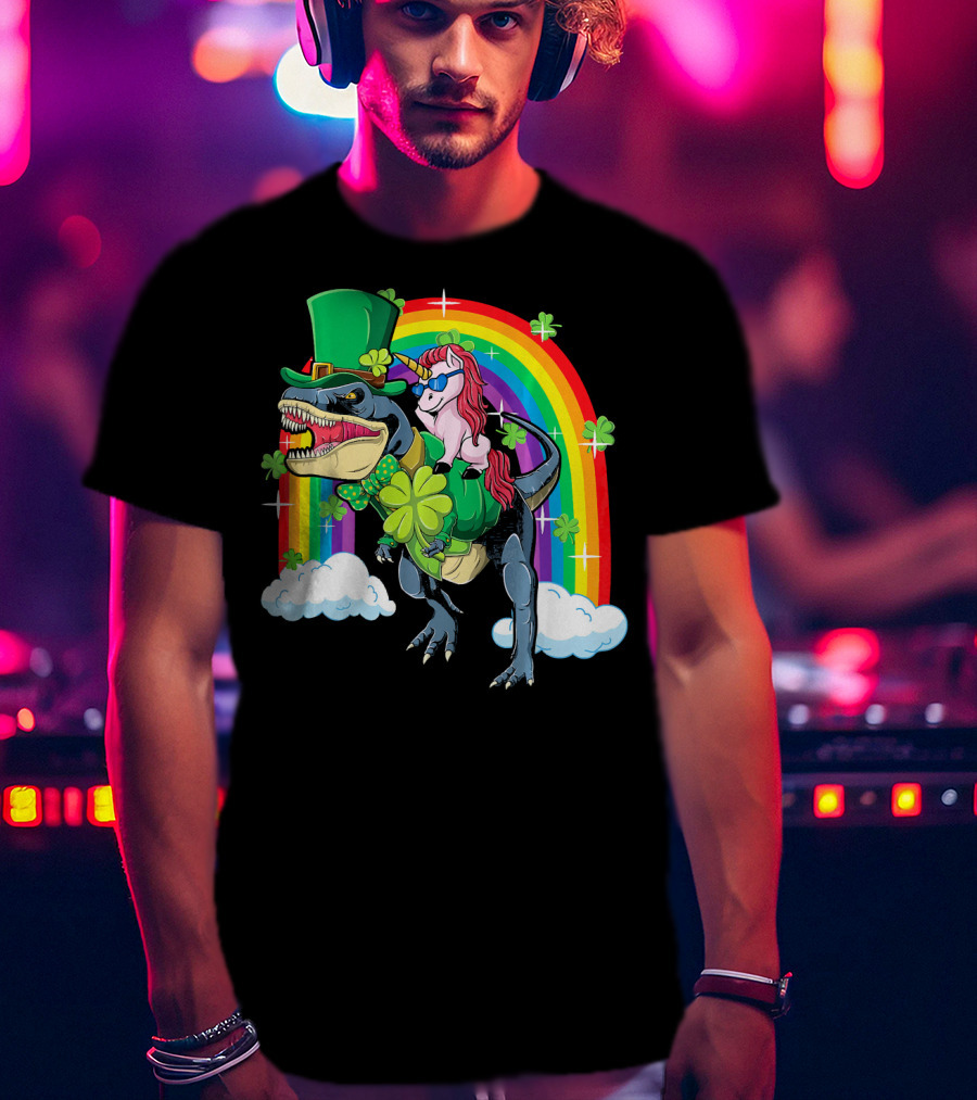 Unicorn Riding Dinosaur Leprechaun Rainbow Shamrocks T-Shirt