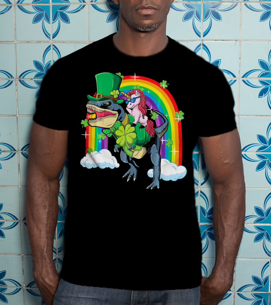 Unicorn Riding Dinosaur Leprechaun Rainbow Shamrocks T-Shirt
