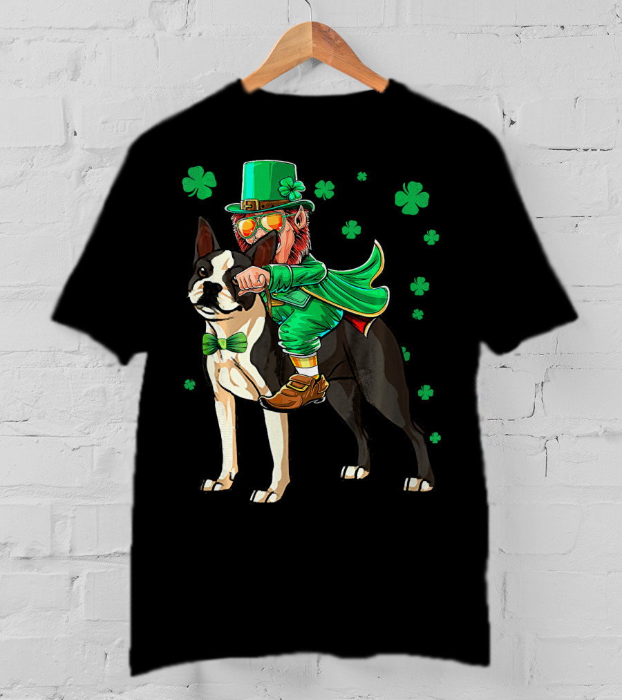 Leprechaun Riding Boston Terrier With Shamrock Accents T-Shirt