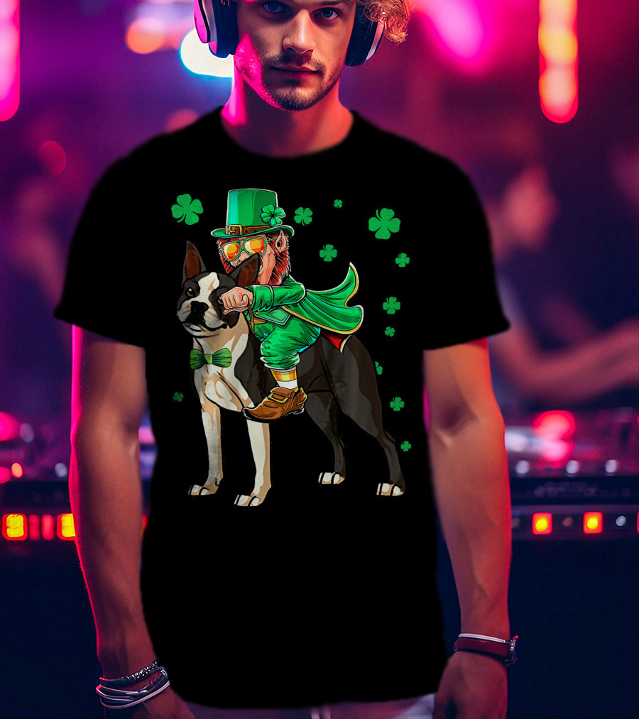 Leprechaun Riding Boston Terrier With Shamrock Accents T-Shirt
