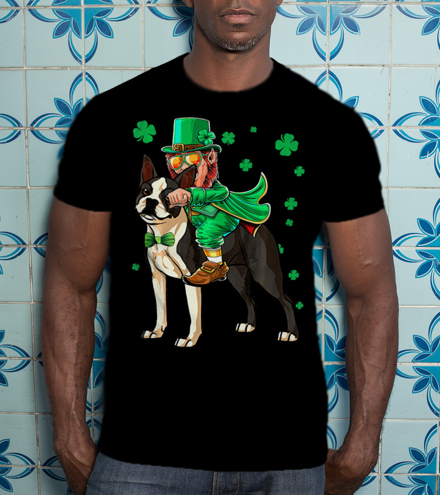 Leprechaun Riding Boston Terrier With Shamrock Accents T-Shirt