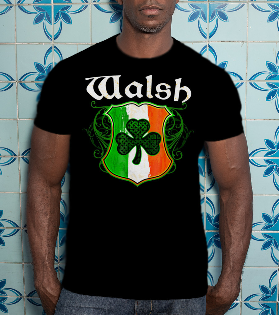 Walsh Surname Irish Shamrock Crest With Green White Orange Shield T-Shirt