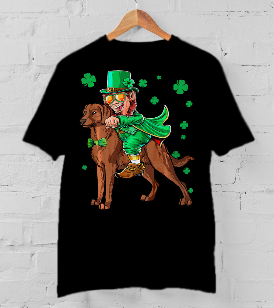 Leprechaun Riding Chesapeake Bay Retriever With Shamrocks T-Shirt