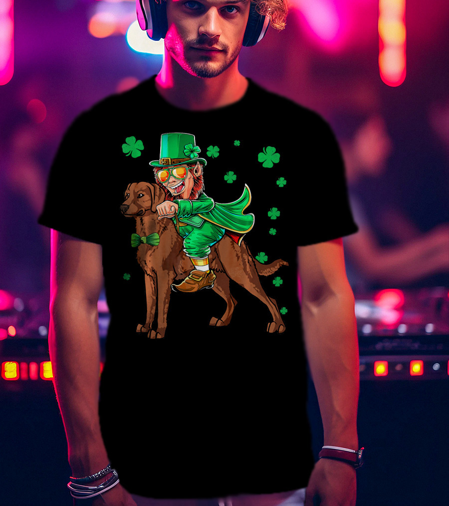 Leprechaun Riding Chesapeake Bay Retriever With Shamrocks T-Shirt