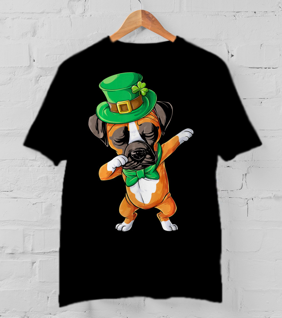 Dabbing Boxer Dog St Patricks Day Hat Bowtie T-Shirt