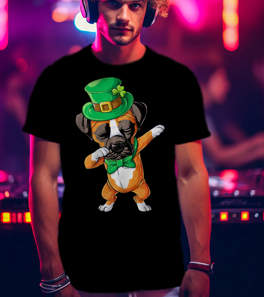 Dabbing Boxer Dog St Patricks Day Hat Bowtie T-Shirt