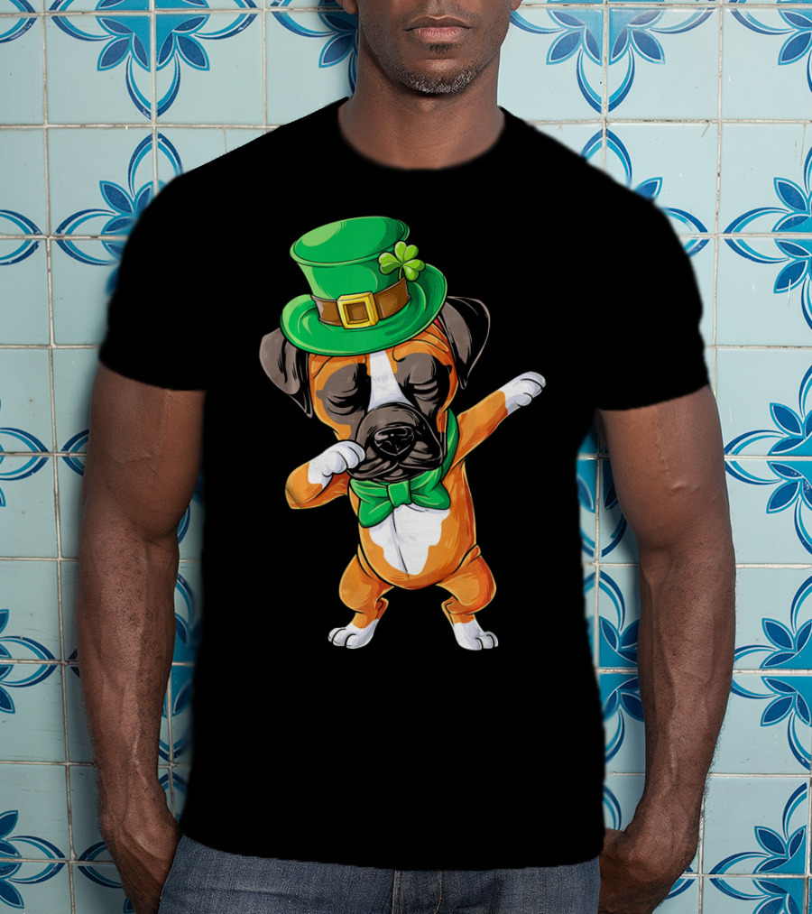 Dabbing Boxer Dog St Patricks Day Hat Bowtie T-Shirt