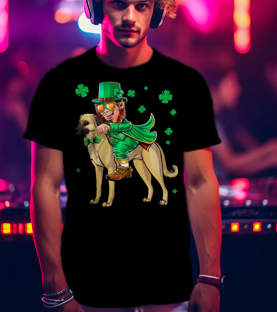 Leprechaun Riding Anatolian Shepherd With Shamrock Accents T-Shirt