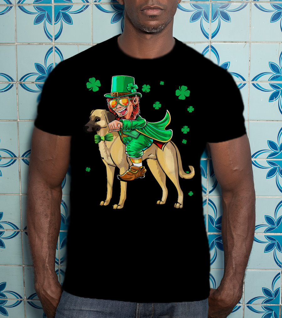 Leprechaun Riding Anatolian Shepherd With Shamrock Accents T-Shirt