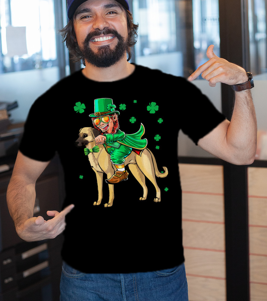 Leprechaun Riding Anatolian Shepherd With Shamrock Accents T-Shirt