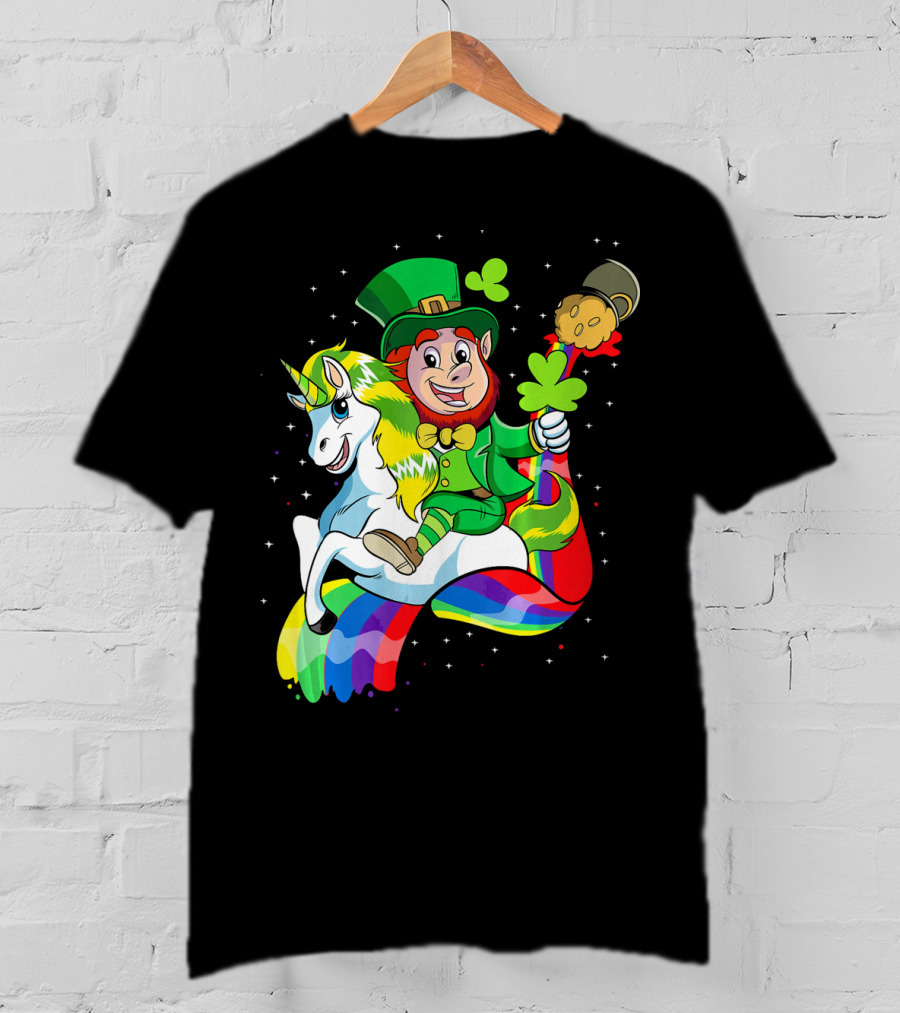 St Patricks Day Leprechaun Riding Unicorn With Rainbow Lucky Charms T-Shirt