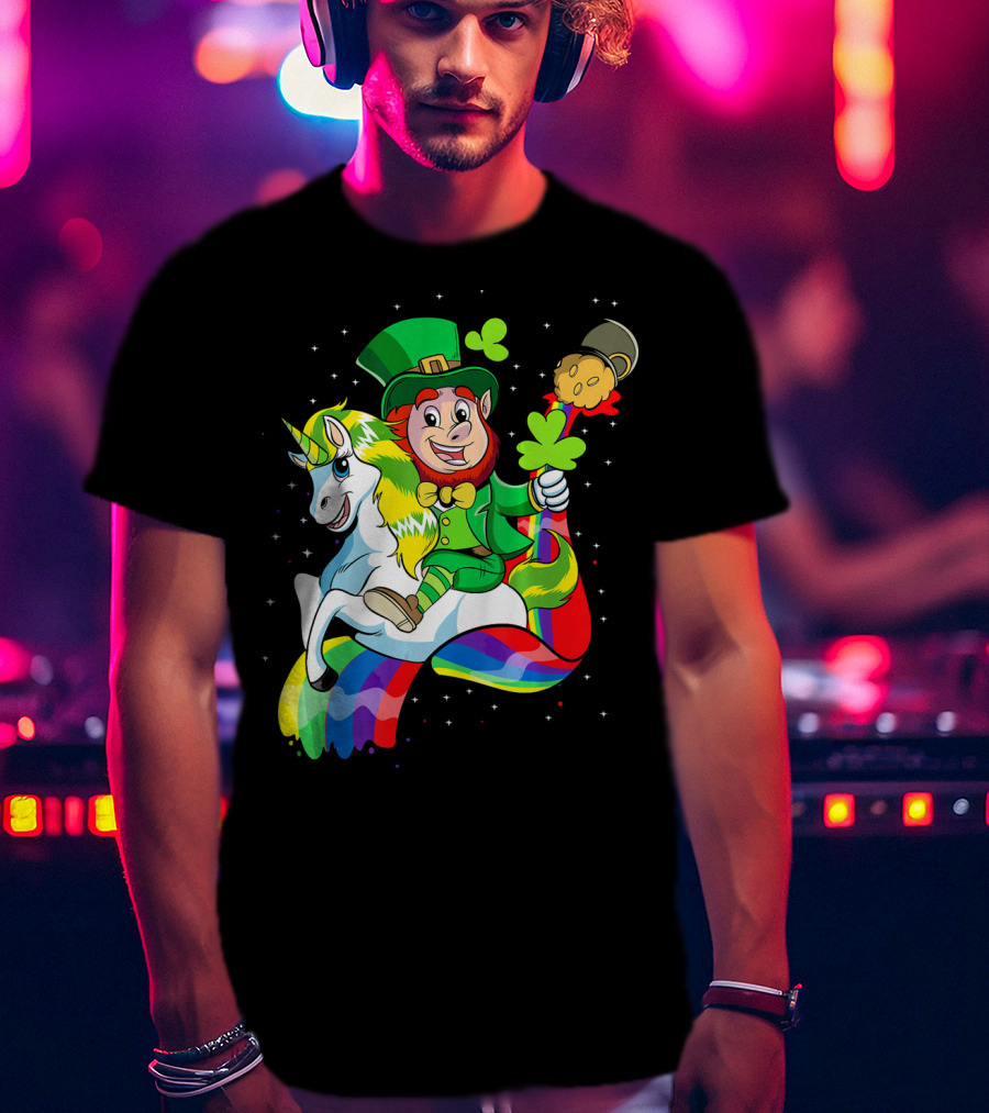 St Patricks Day Leprechaun Riding Unicorn With Rainbow Lucky Charms T-Shirt