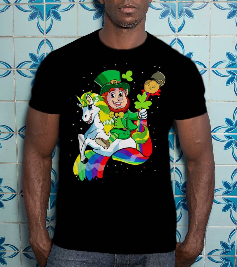 St Patricks Day Leprechaun Riding Unicorn With Rainbow Lucky Charms T-Shirt