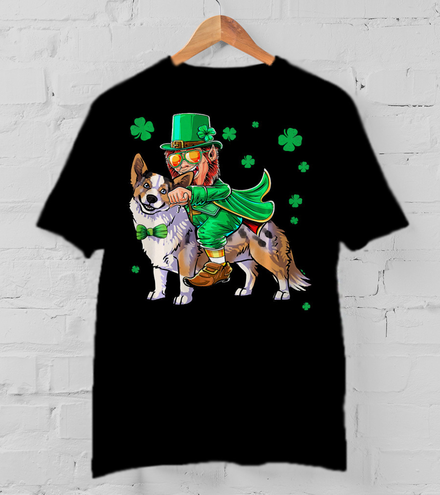 Leprechaun Riding Cardigan Welsh Corgi With Shamrocks T-Shirt