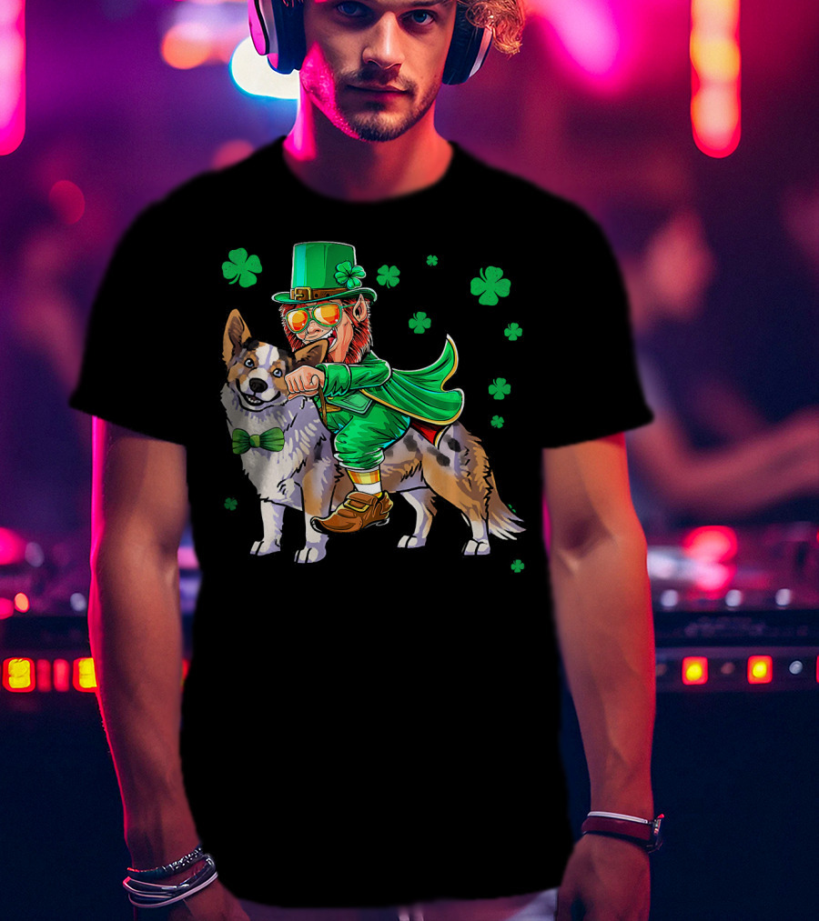 Leprechaun Riding Cardigan Welsh Corgi With Shamrocks T-Shirt