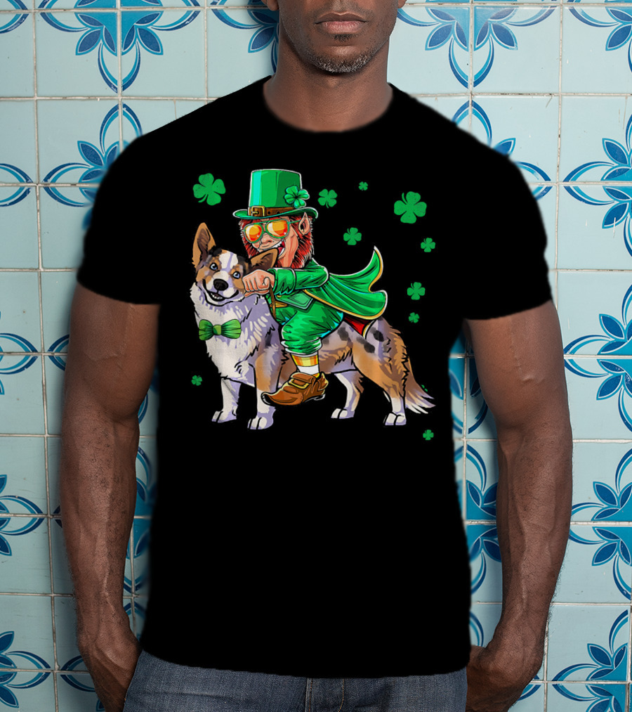 Leprechaun Riding Cardigan Welsh Corgi With Shamrocks T-Shirt