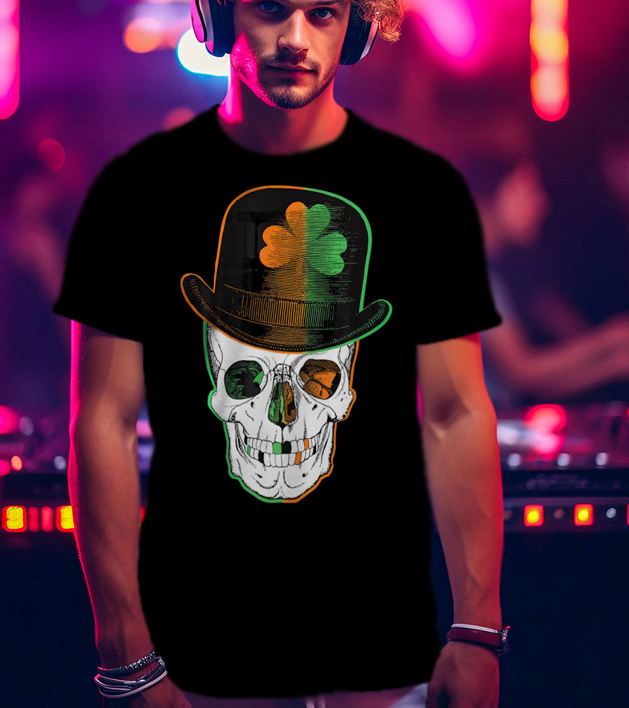 St Paddys Day Irish Leprechaun Skull Shamrock Hat T-Shirt