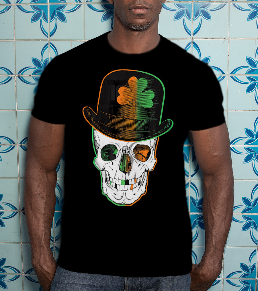 St Paddys Day Irish Leprechaun Skull Shamrock Hat T-Shirt