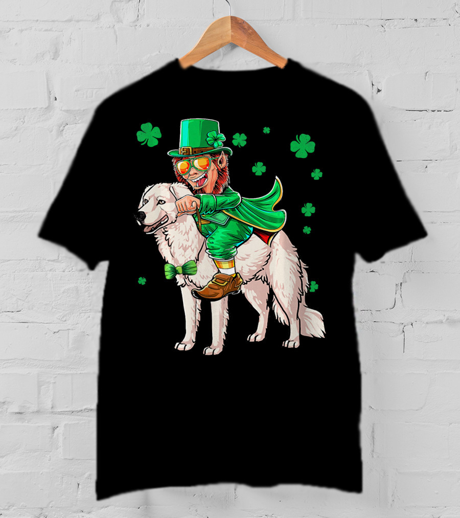Leprechaun Riding Kuvasz Surrounded By Shamrocks For St. Patrick's Day T-Shirt