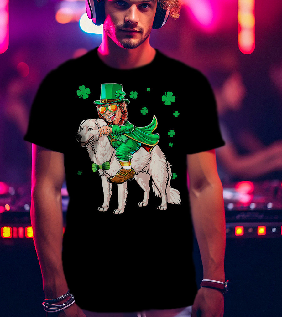 Leprechaun Riding Kuvasz Surrounded By Shamrocks For St. Patrick's Day T-Shirt