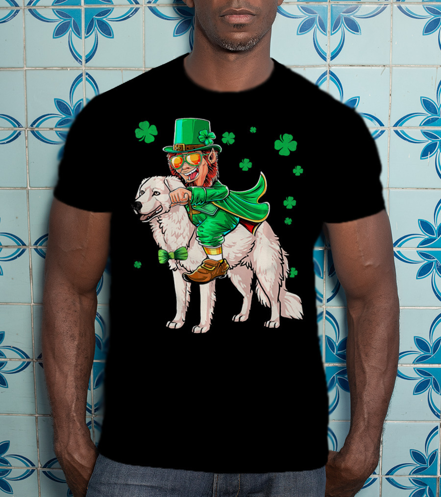 Leprechaun Riding Kuvasz Surrounded By Shamrocks For St. Patrick's Day T-Shirt