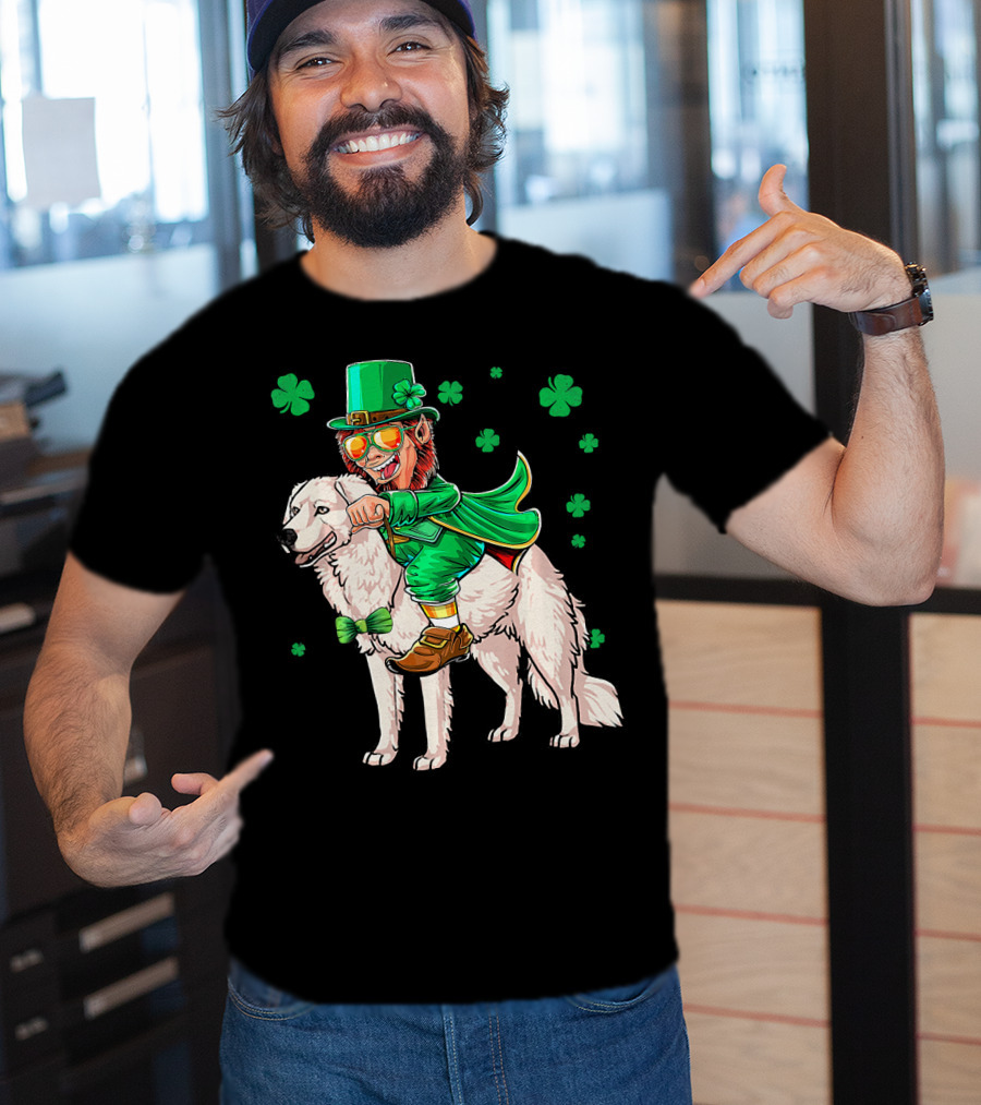 Leprechaun Riding Kuvasz Surrounded By Shamrocks For St. Patrick's Day T-Shirt