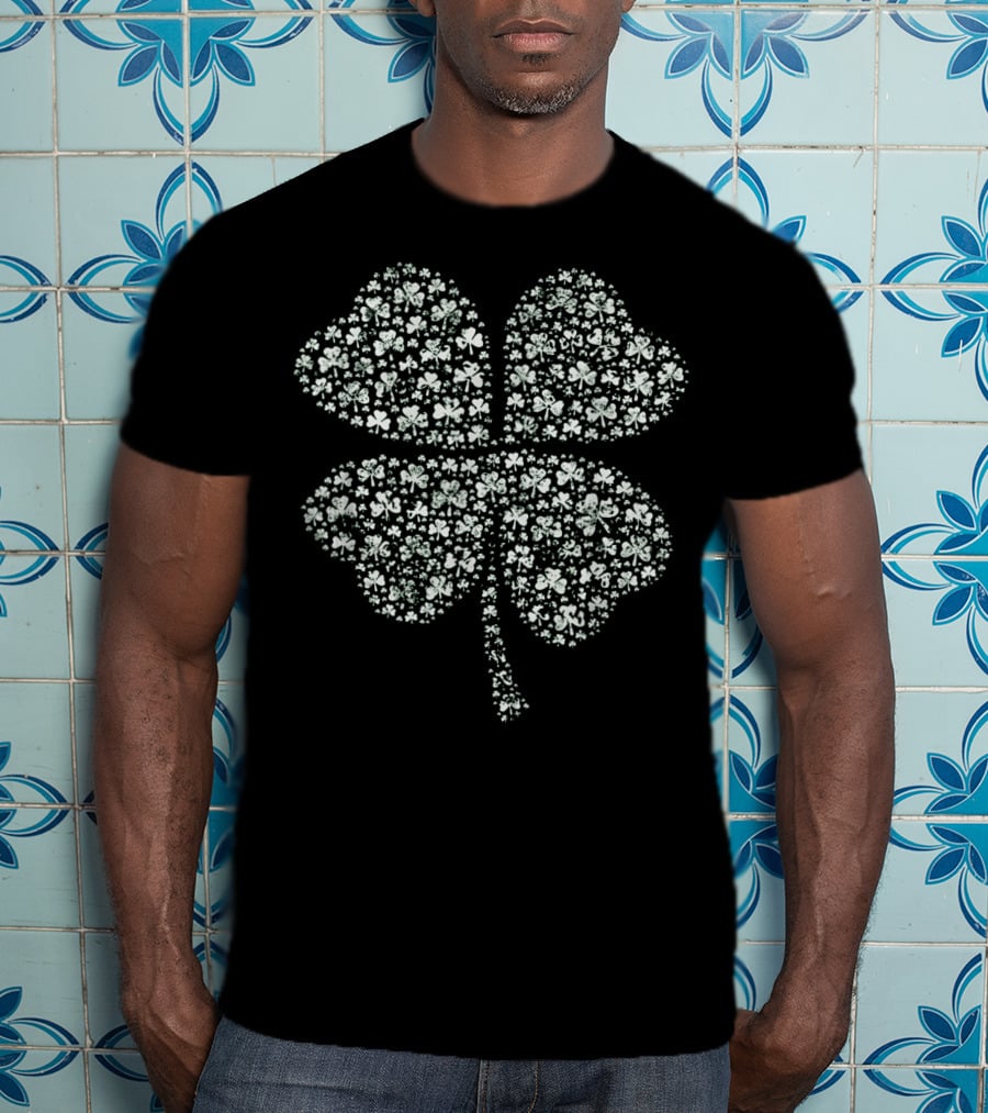 Distressed Clover Pattern Lucky Charm Four Leaf T-Shirt