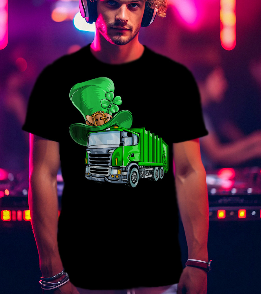 St Patricks Day Garbage Truck With Leprechaun Hat And Four-Leaf Clover T-Shirt