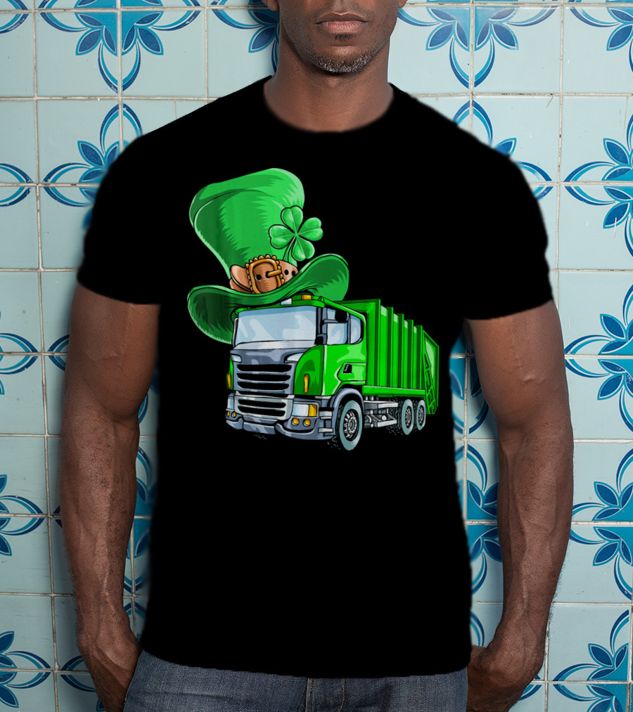 St Patricks Day Garbage Truck With Leprechaun Hat And Four-Leaf Clover T-Shirt