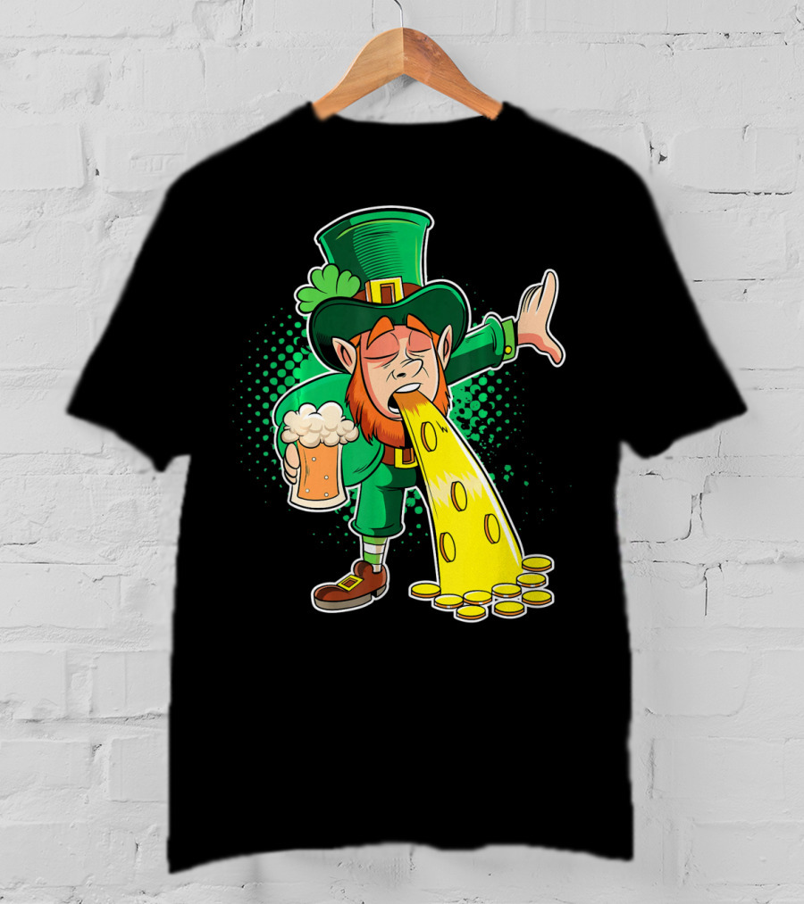 Drunk Leprechaun Puking Gold Coins And Beer Mug T-Shirt
