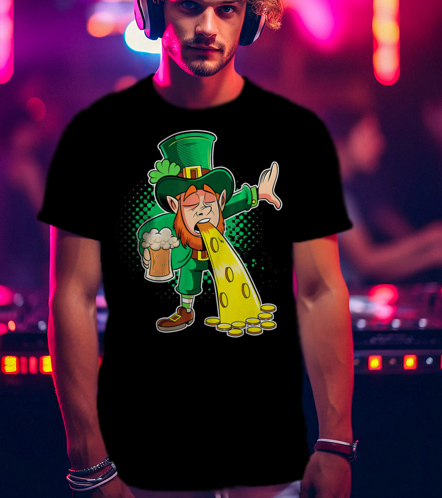 Drunk Leprechaun Puking Gold Coins And Beer Mug T-Shirt