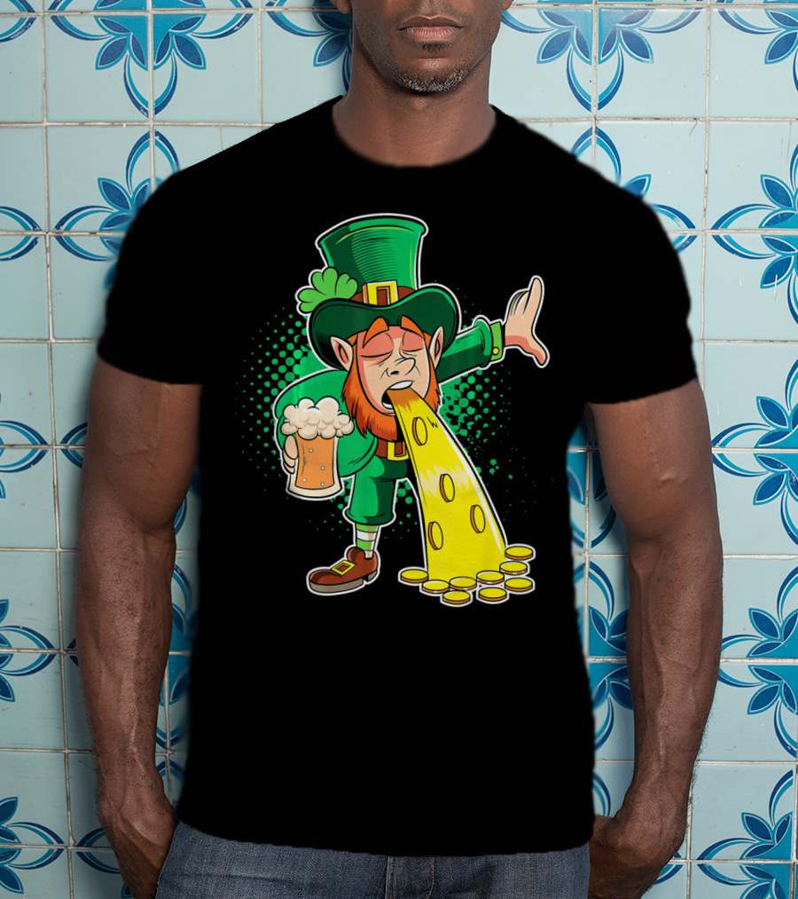 Drunk Leprechaun Puking Gold Coins And Beer Mug T-Shirt