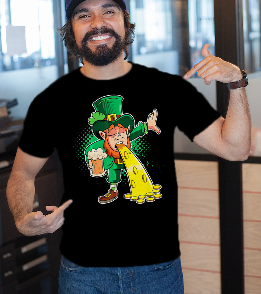 Drunk Leprechaun Puking Gold Coins And Beer Mug T-Shirt