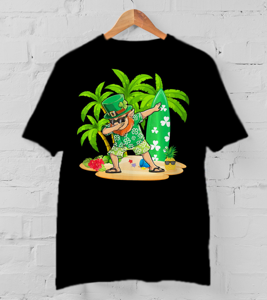 Leprechaun Dabbing On Tropical Beach With Surfboard And Hibiscus Flowers T-Shirt