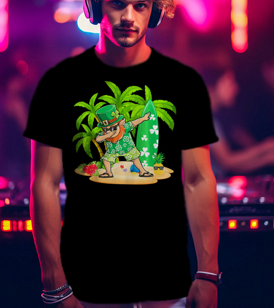 Leprechaun Dabbing On Tropical Beach With Surfboard And Hibiscus Flowers T-Shirt