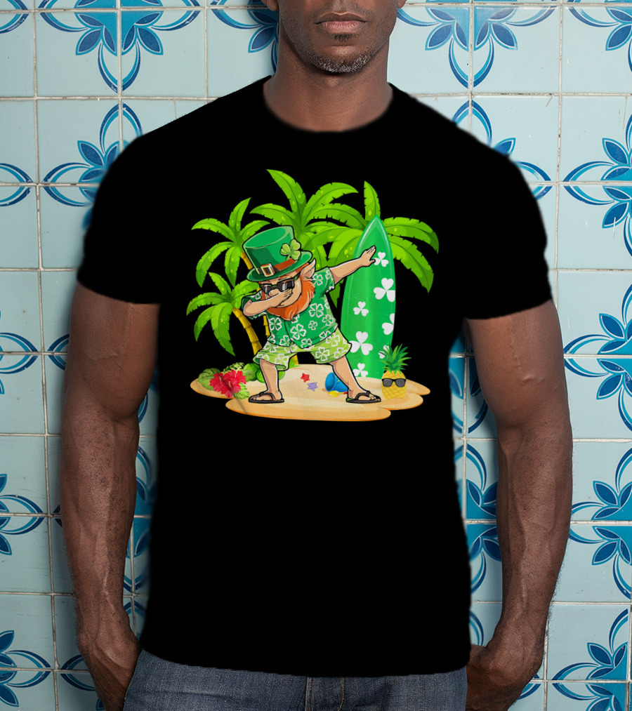 Leprechaun Dabbing On Tropical Beach With Surfboard And Hibiscus Flowers T-Shirt