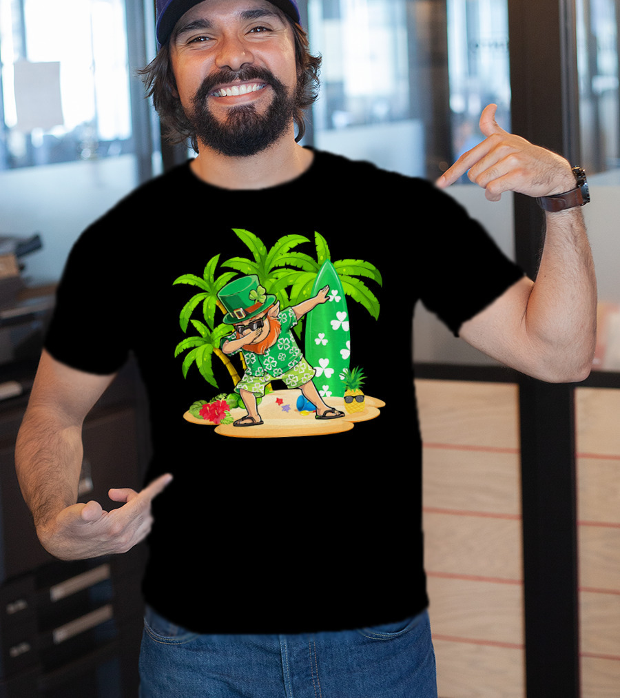 Leprechaun Dabbing On Tropical Beach With Surfboard And Hibiscus Flowers T-Shirt