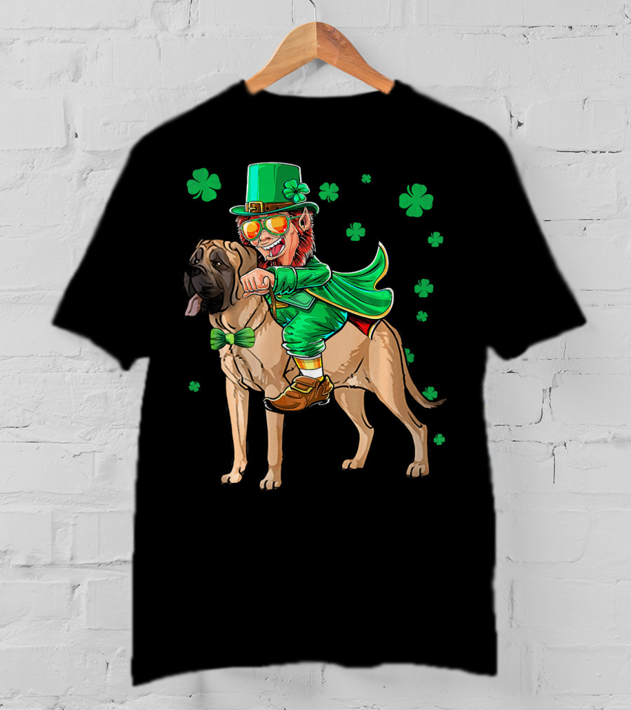 Leprechaun Riding English Mastiff With Shamrocks T-Shirt