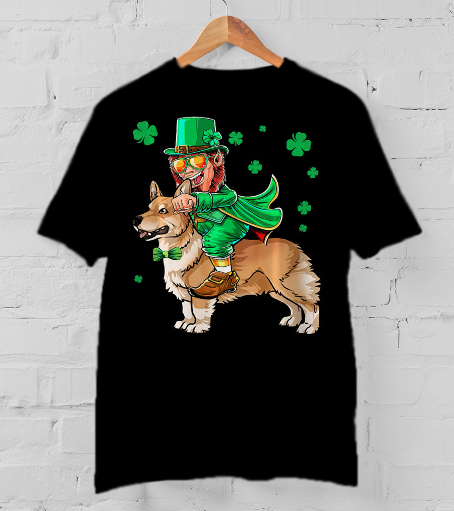 Leprechaun Riding Pembroke Welsh Corgi With Shamrocks T-Shirt