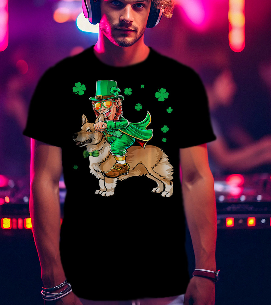 Leprechaun Riding Pembroke Welsh Corgi With Shamrocks T-Shirt