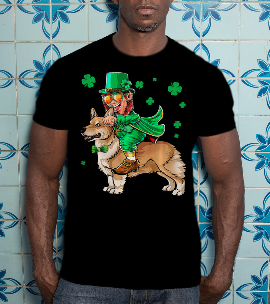 Leprechaun Riding Pembroke Welsh Corgi With Shamrocks T-Shirt