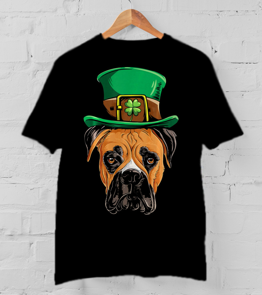 St. Patrick's Day Boxer Dog With Green Top Hat And Shamrock T-Shirt