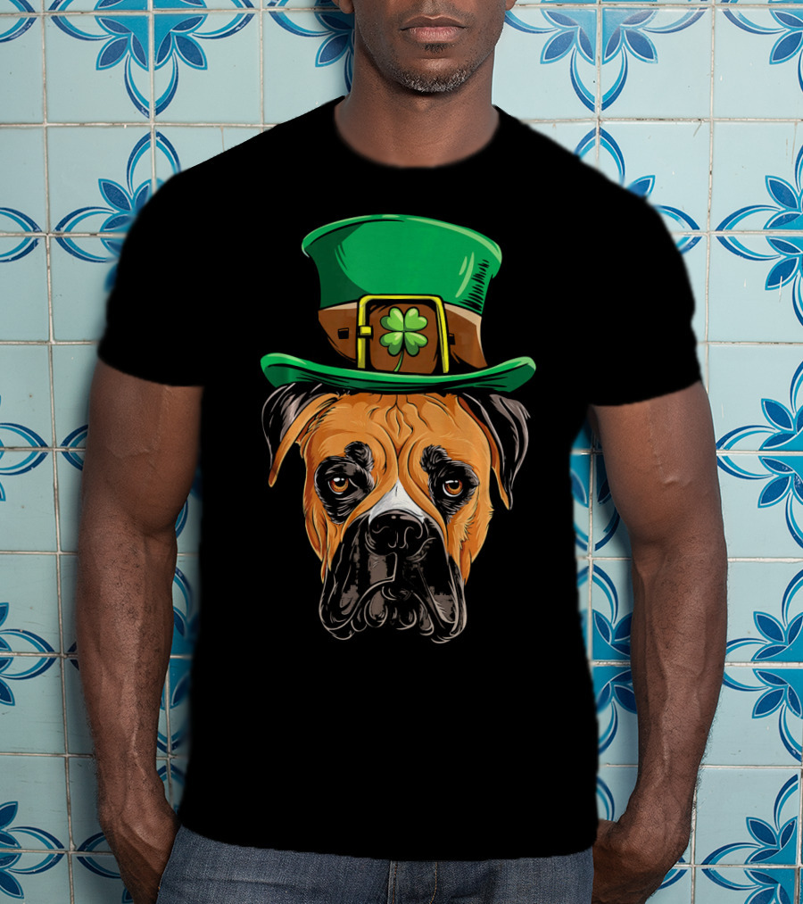 St. Patrick's Day Boxer Dog With Green Top Hat And Shamrock T-Shirt