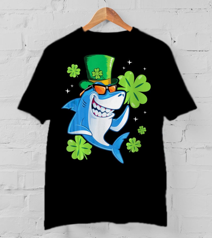 St Patricks Day Shamrock Paddy Shark Top Hat Dancing With Four-Leaf Clovers T-Shirt
