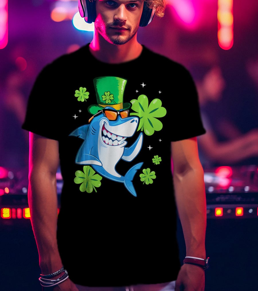 St Patricks Day Shamrock Paddy Shark Top Hat Dancing With Four-Leaf Clovers T-Shirt