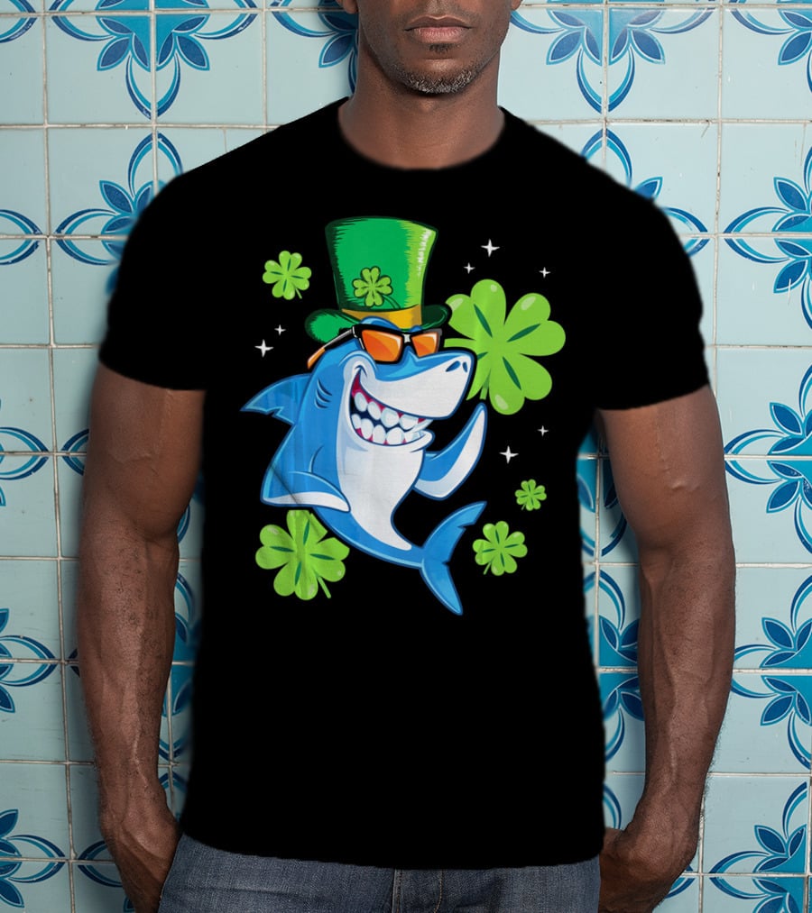 St Patricks Day Shamrock Paddy Shark Top Hat Dancing With Four-Leaf Clovers T-Shirt