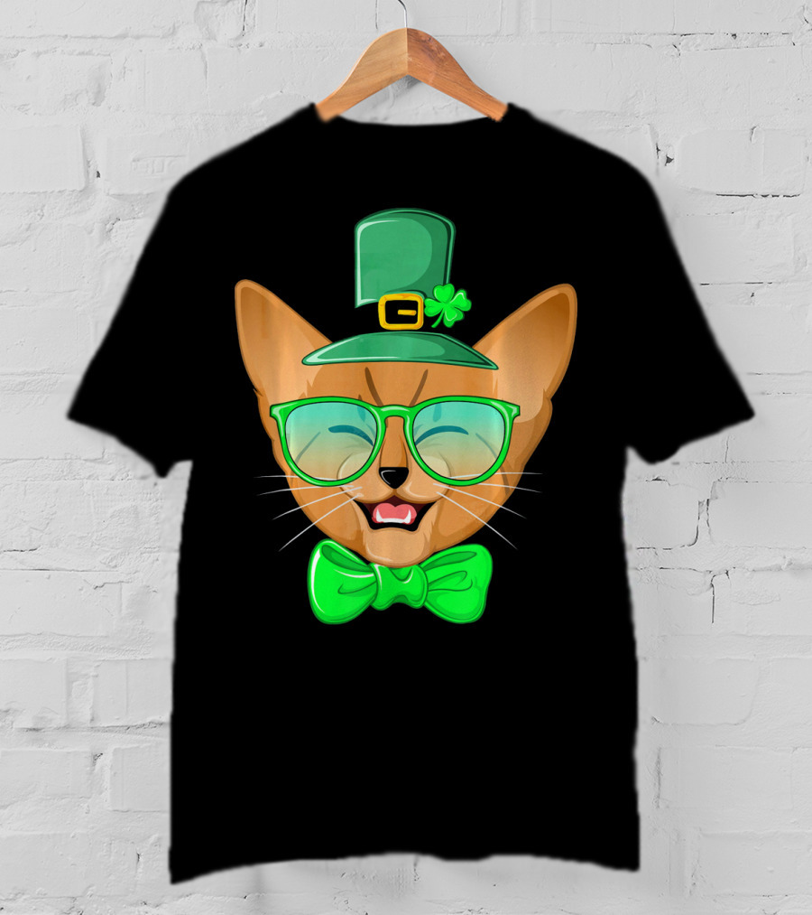 St. Patricks Day Cat Kitty Leprec Leprechaun Hat Green Glasses Bowtie Shamrock T-Shirt