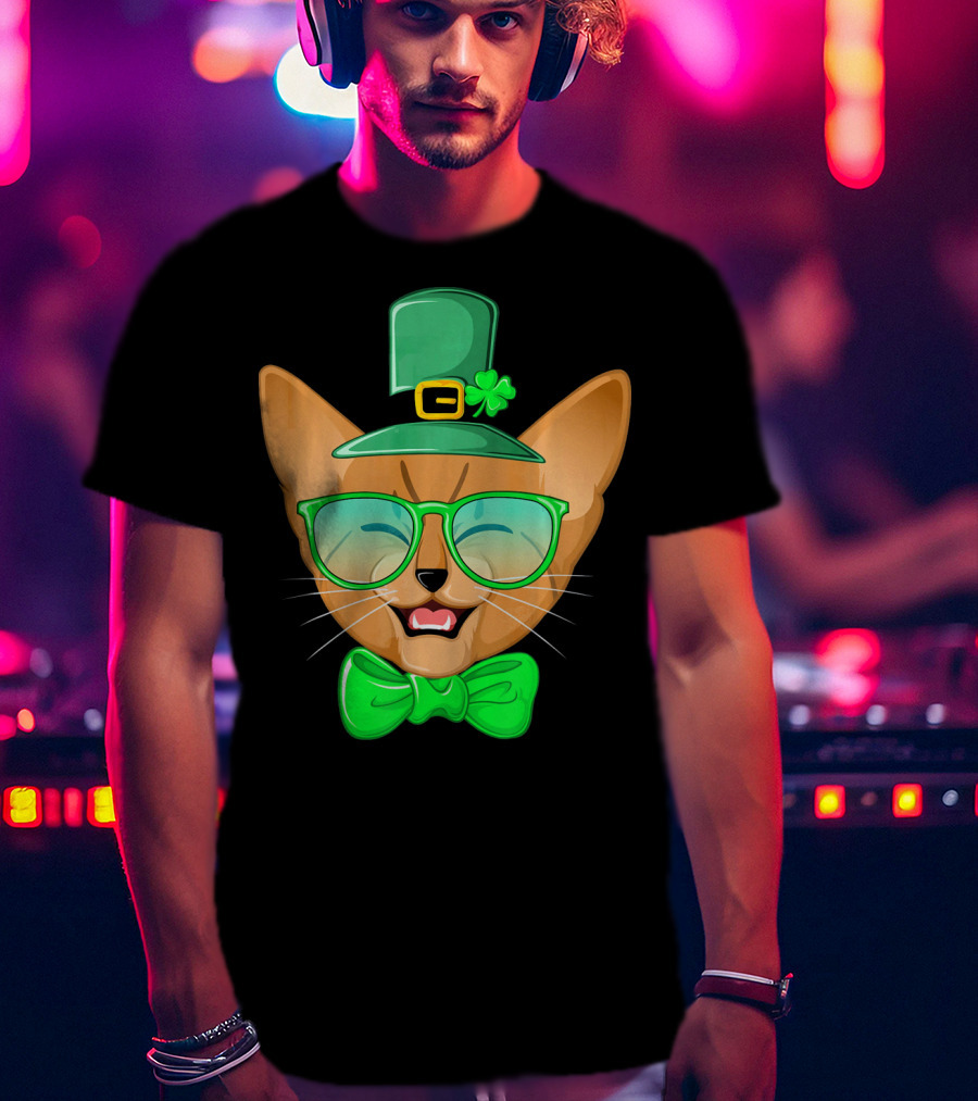St. Patricks Day Cat Kitty Leprec Leprechaun Hat Green Glasses Bowtie Shamrock T-Shirt