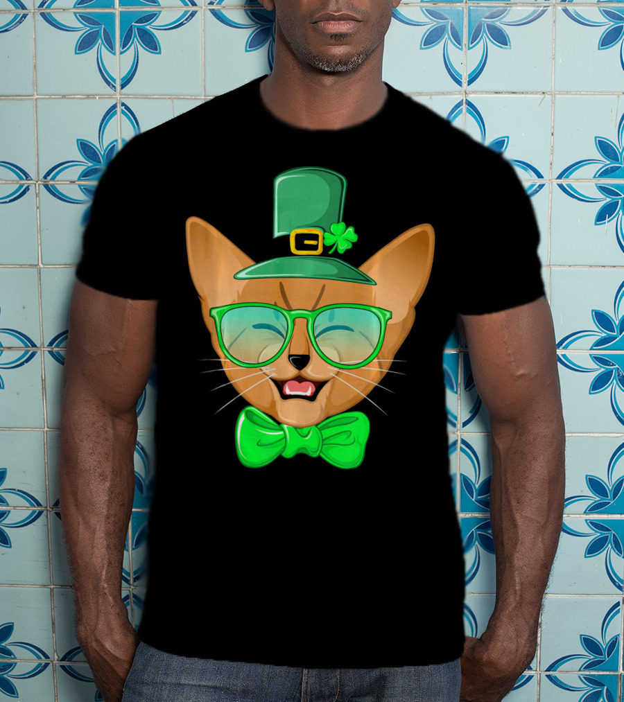 St. Patricks Day Cat Kitty Leprec Leprechaun Hat Green Glasses Bowtie Shamrock T-Shirt